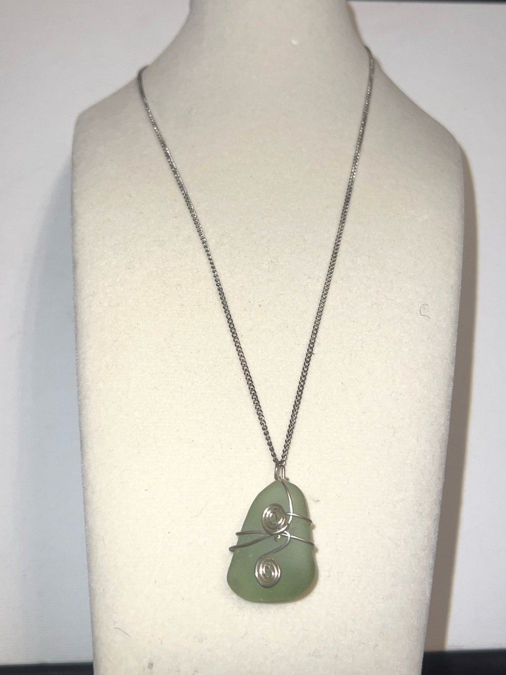 Green Sea Glass Wire-Wrapped Pendant Necklace - Women Jewelry